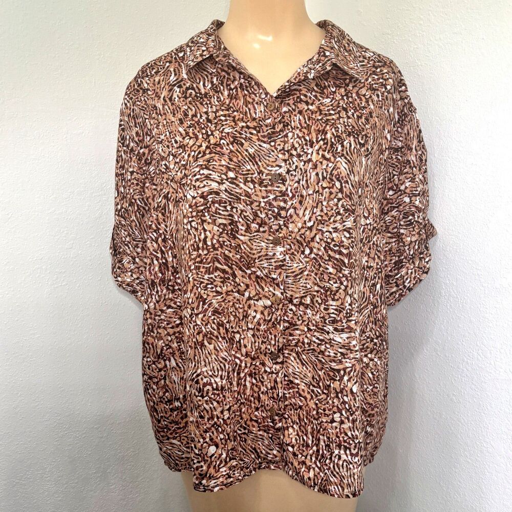 Rachel Zoe Womens Sustainable Preppy Linen Button Up Top Large Animal Print